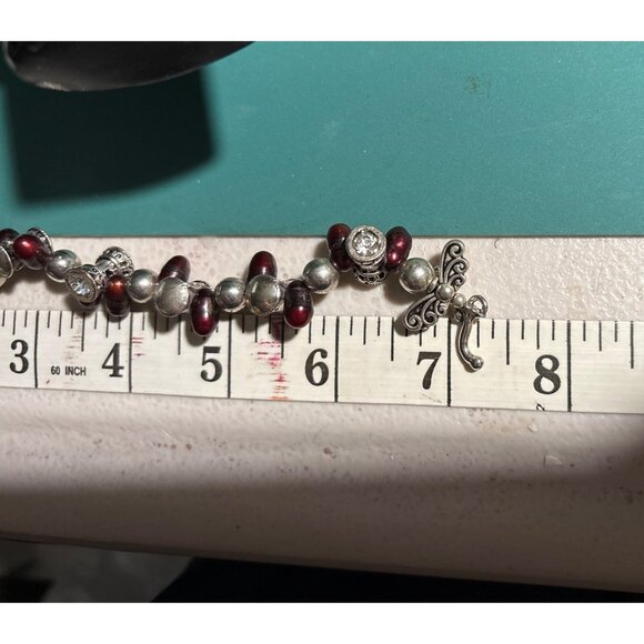 Handcrafted Beaded Bracelet Silver-Tone Charms Red Baroque Pearls Toggle Clasp - Picture 6 of 6